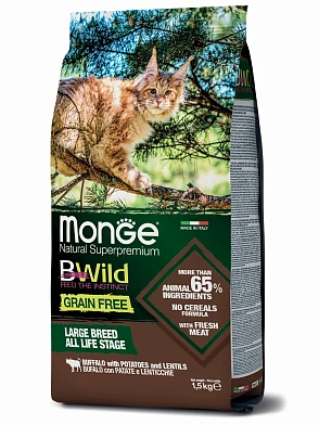 Monge Cat BWild Grain Free сухой беззерновой корм для крупных кошек с мясом буйвола
